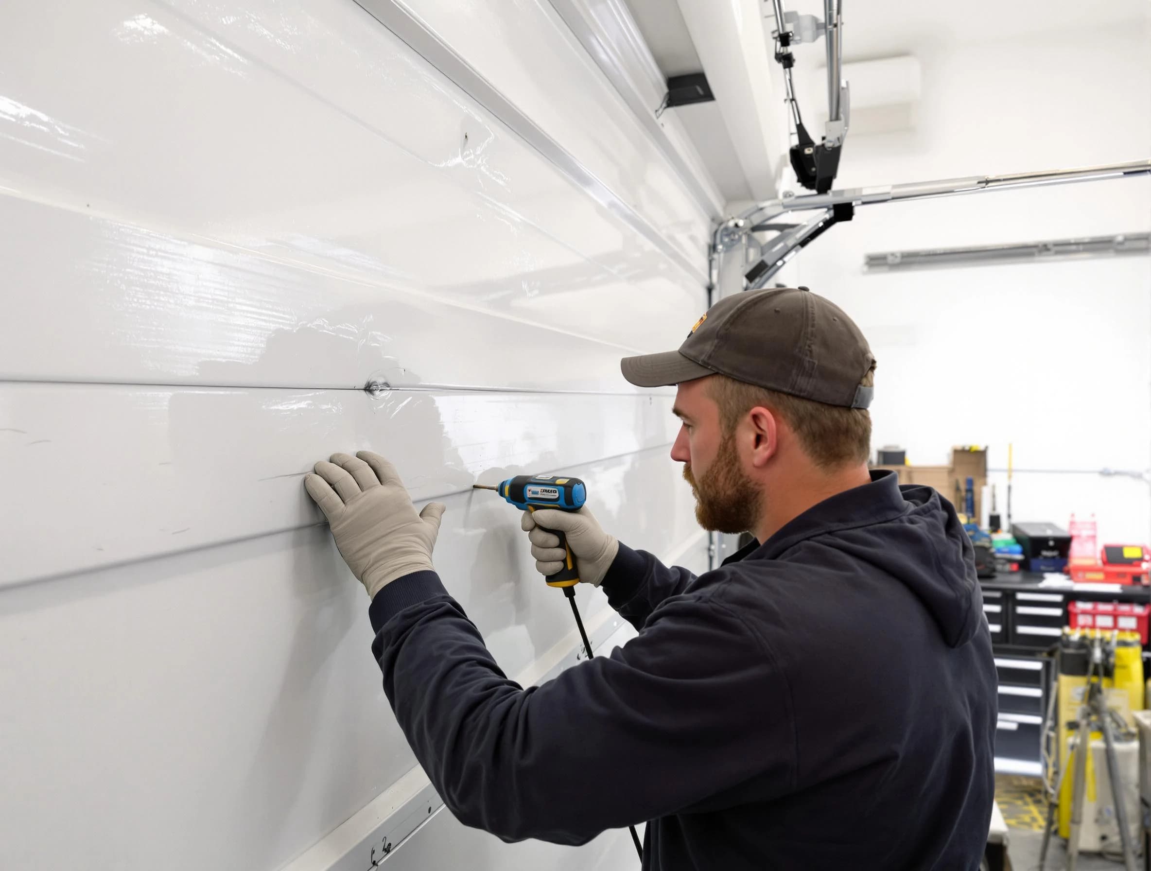 Andover Garage Door Repair technician demonstrating precision dent removal techniques on a Andover garage door