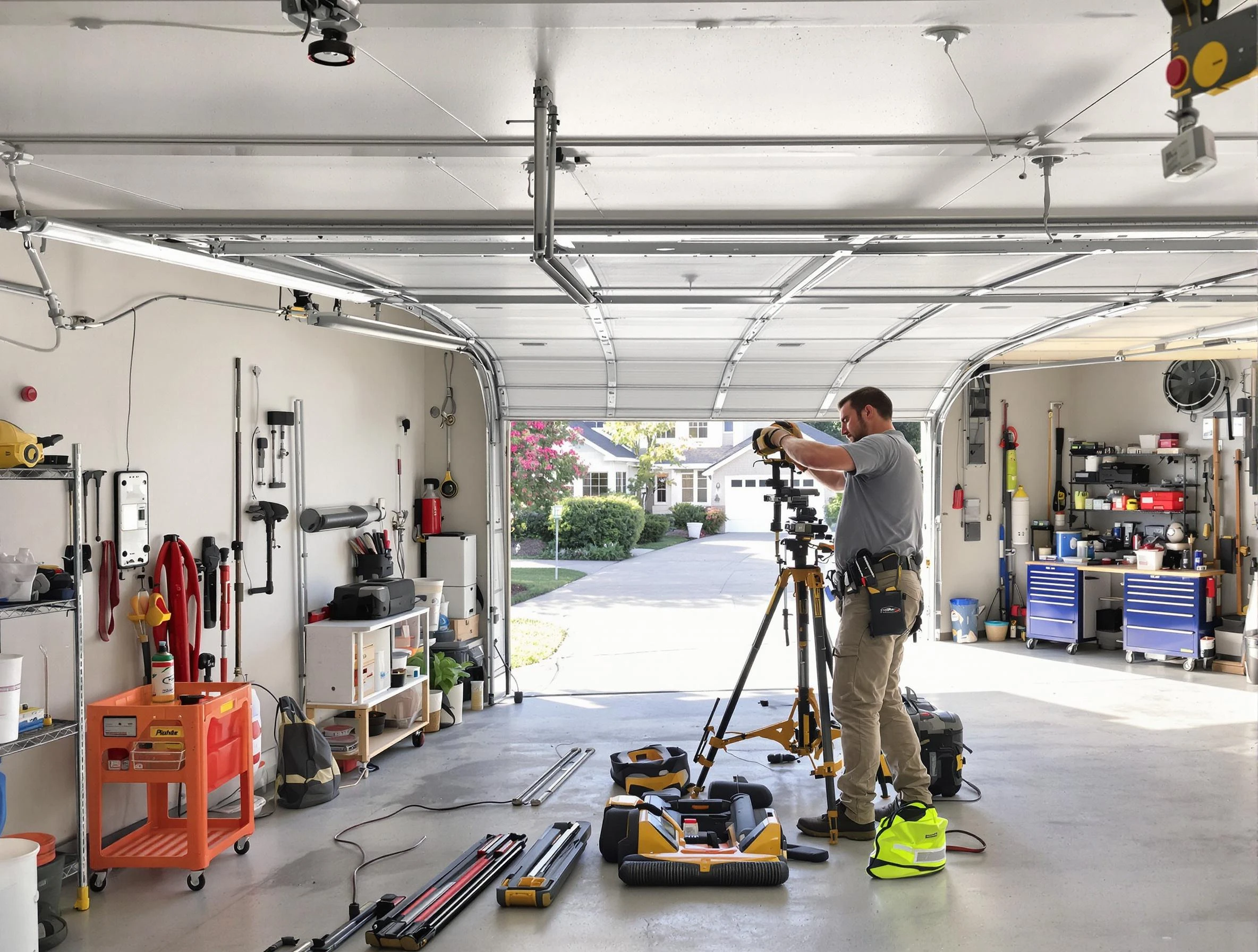 Andover Garage Door Repair specialist performing laser-guided track alignment in Andover